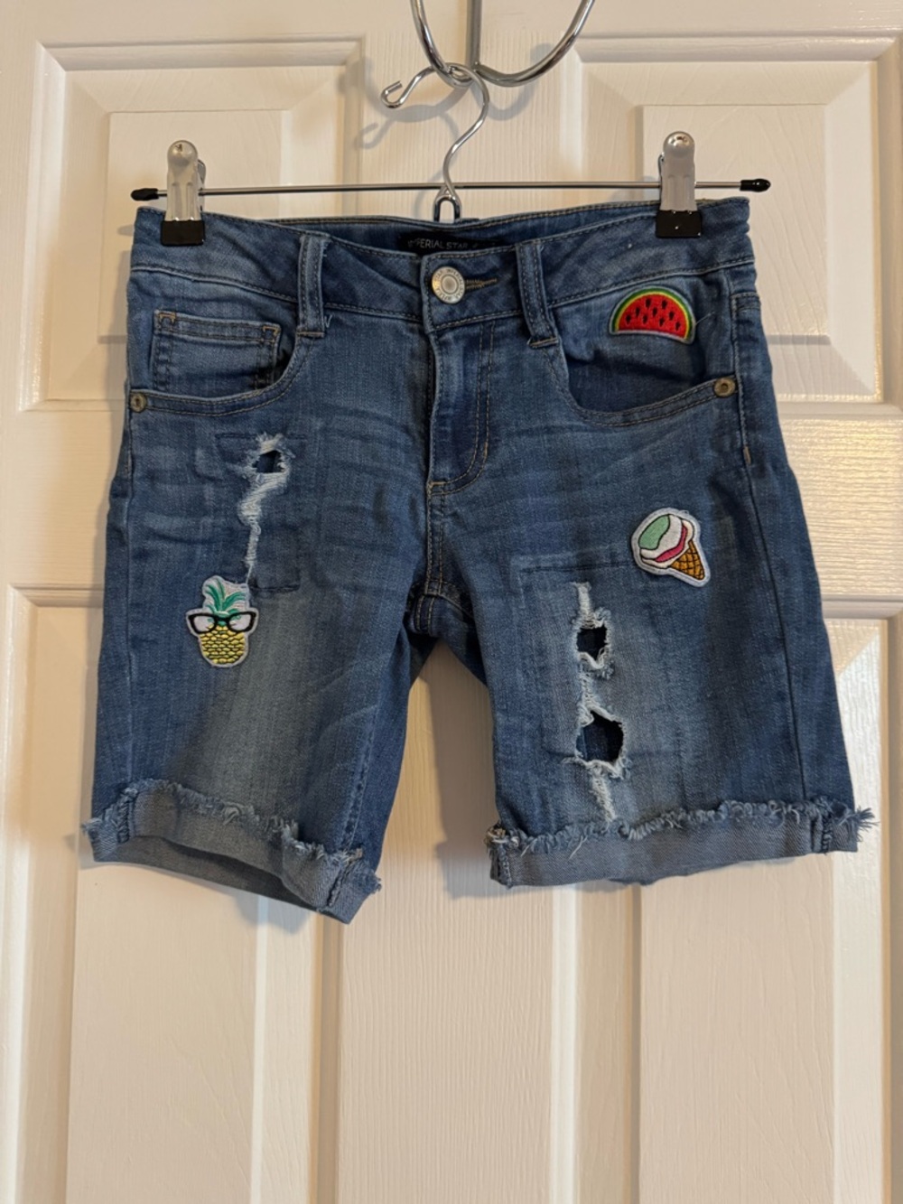Imperial Star Blue Distressed Denim Patch Shorts with Fruit Patches